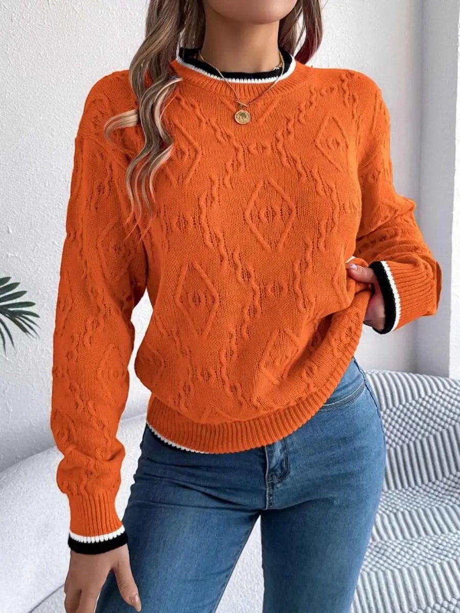 Contrast Trim Round Neck Long Sleeve Sweater - Love Salve